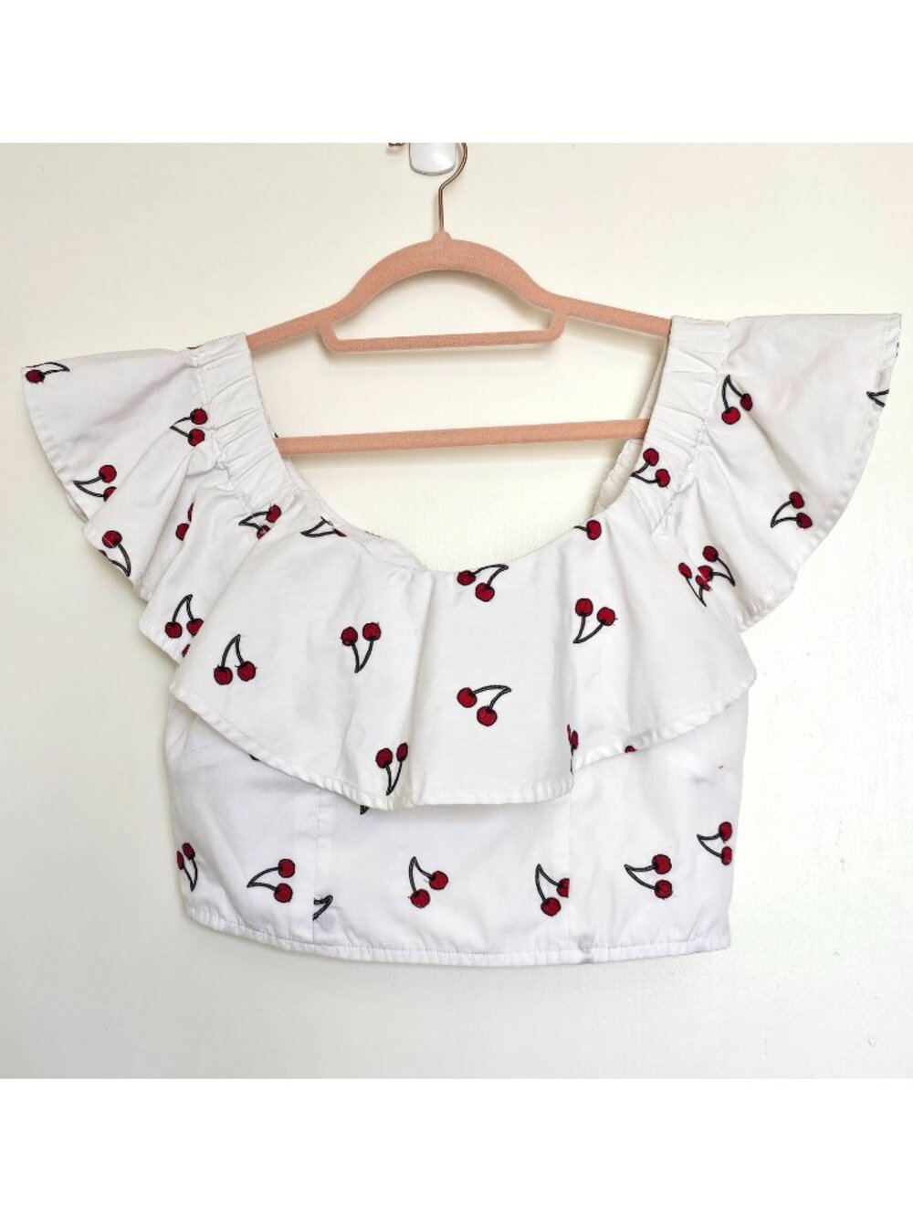 Topshop Cherry Off Shoulder Ruffled Casual Crop Top US 6